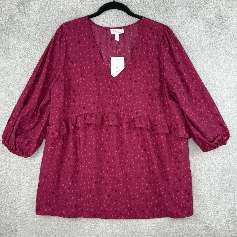 Isabel Maternity Top Women's Large Red Maroon Abstract Design Short Sleeve NEW